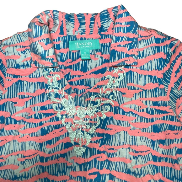 Kate Landry Casuals Women's Sm Pink Blue Floral Embroidered Collared Patio Dress - Picture 10 of 14